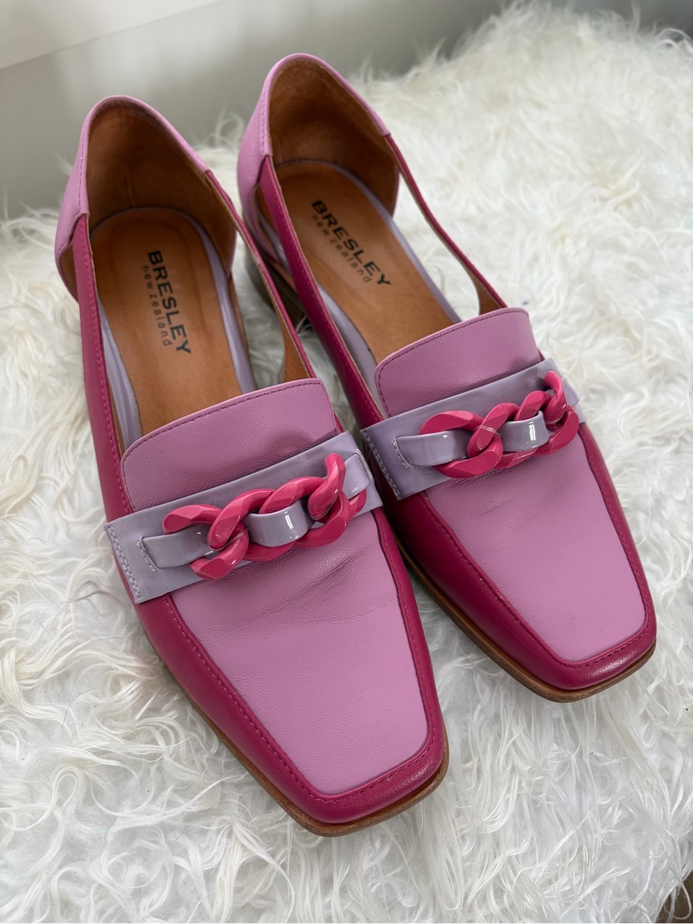 Bresley New Zealand Two-Tone Pink & Lavender Chain-Trim Loafers